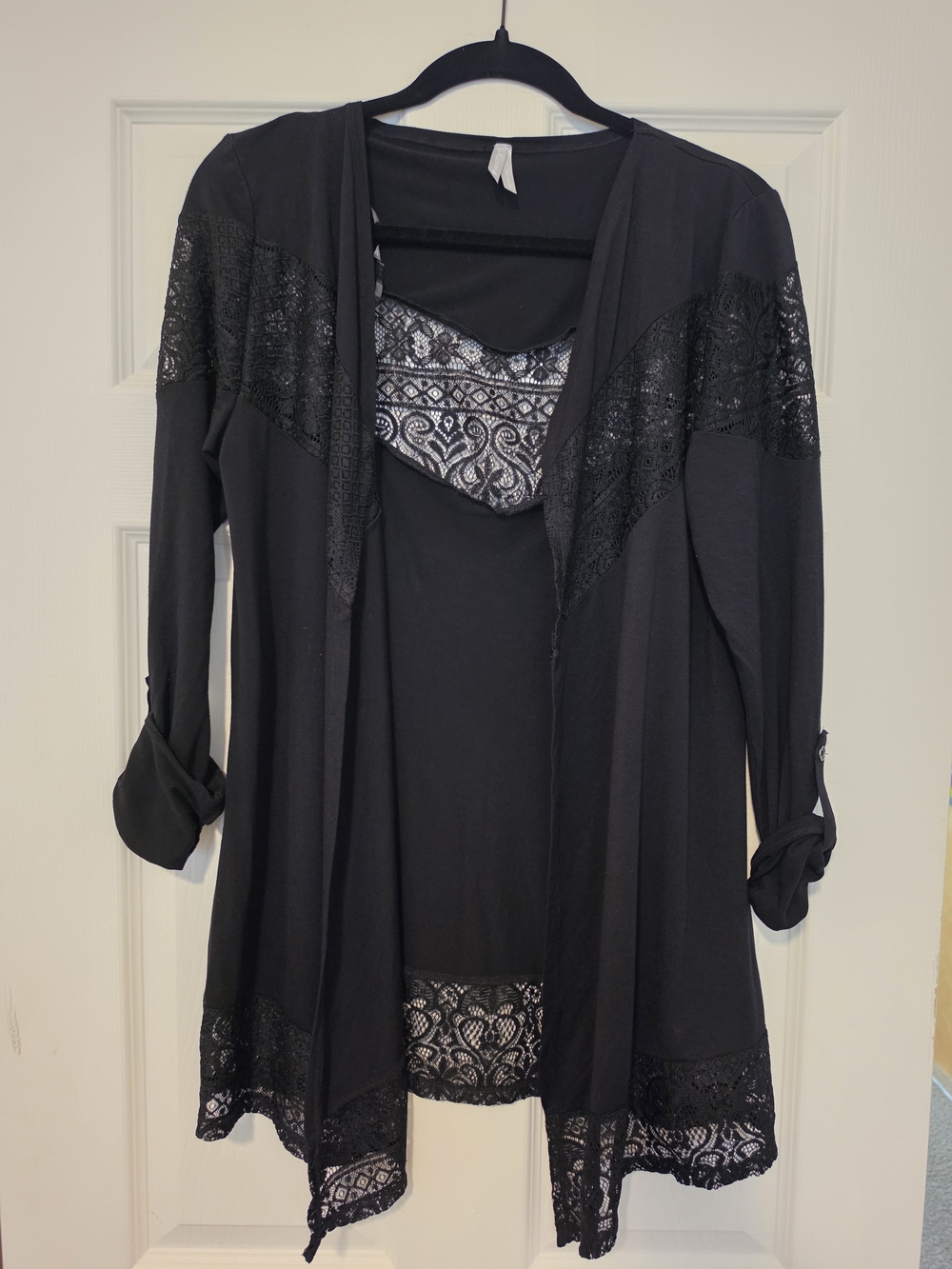Vanity Black Lace-Trim Open Front Cardigan